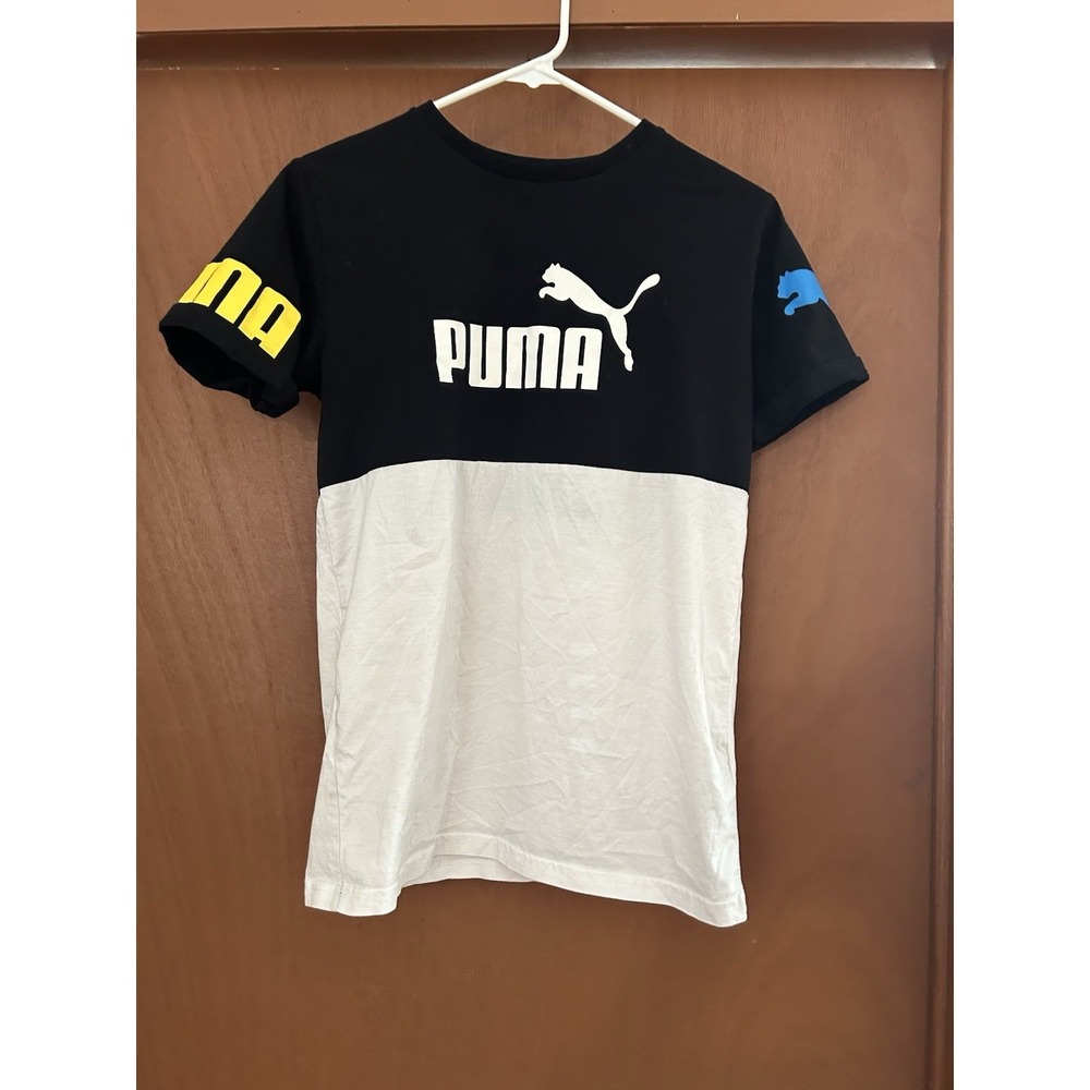Puma Shirt Boys XL 18/20 Color Block Black White Logos Short Sleeve Kids Tee NWT